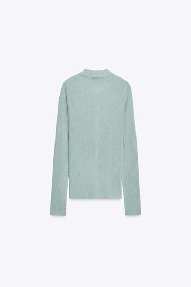 METALLIC THREAD KNIT POLO TOP - Pastel blue by Zara - Image 7