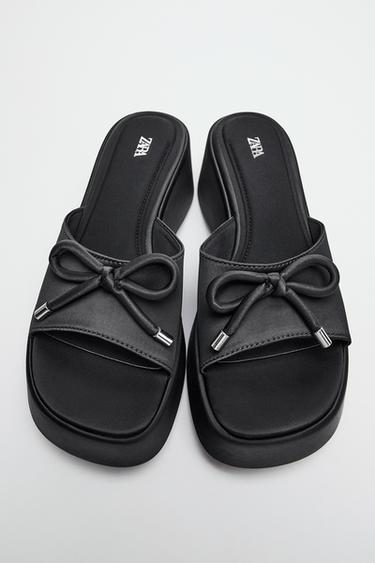 SATIN PLATFORM SANDALS WITH BOW - Black by Zara