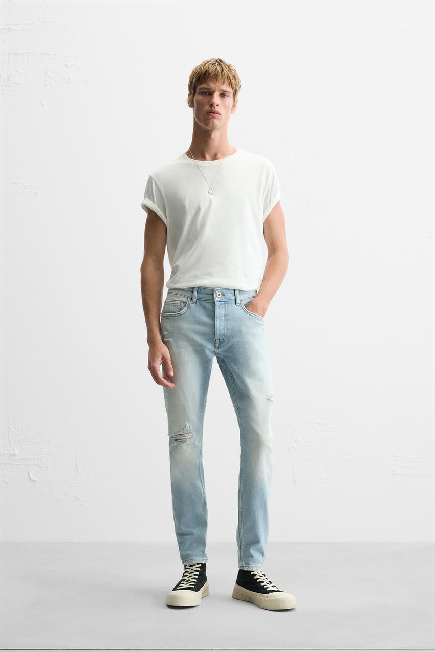 ダメージ加工スキニーフィットジーンズ - ライトブルー | ZARA Japan 