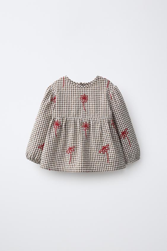 BLOUSE À CARREAUX VICHY ET FLEURS BRODÉES - Chocolat de Zara - Image 0