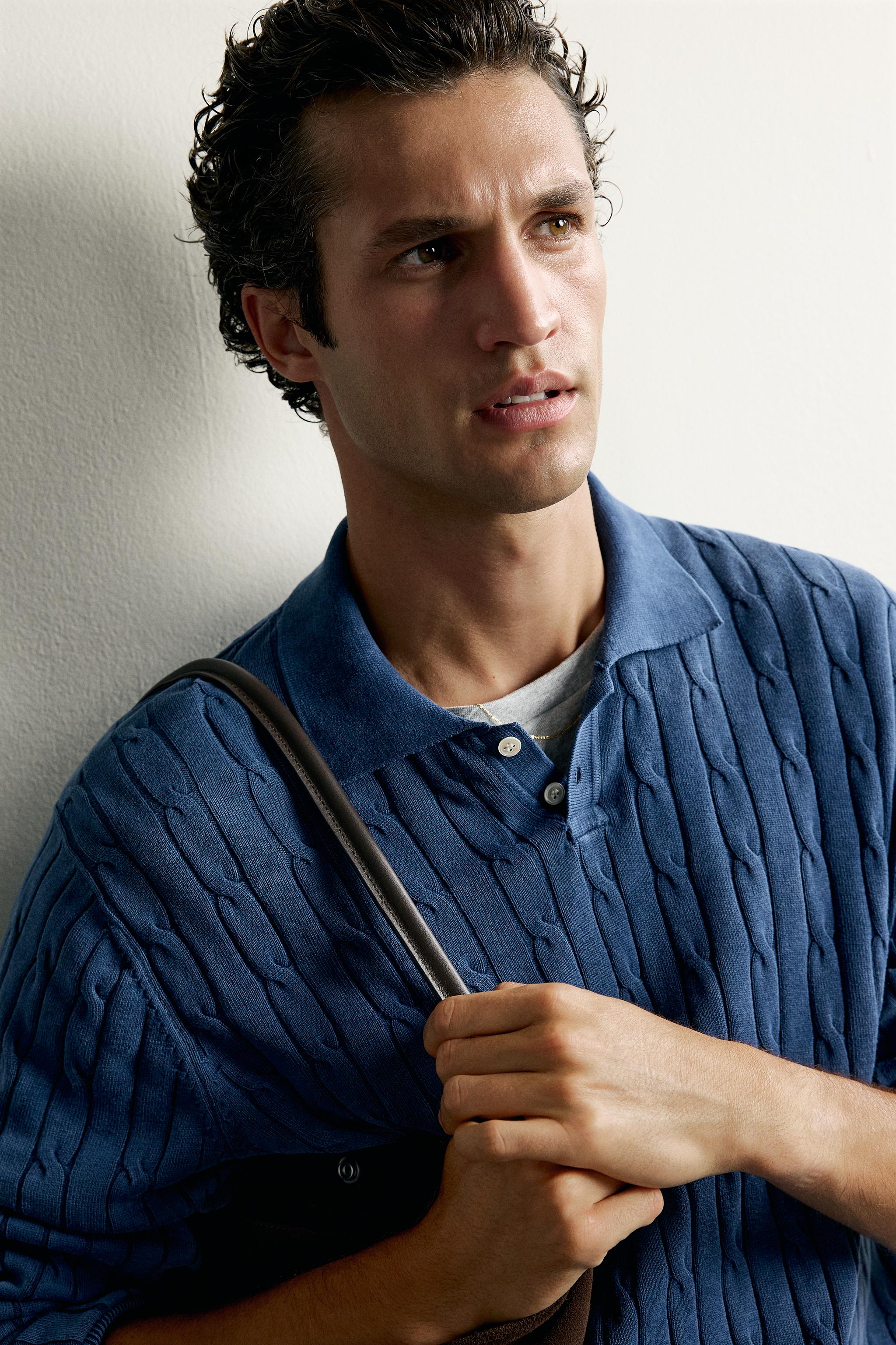 WASHED EFFECT CABLE KNIT POLO SHIRT