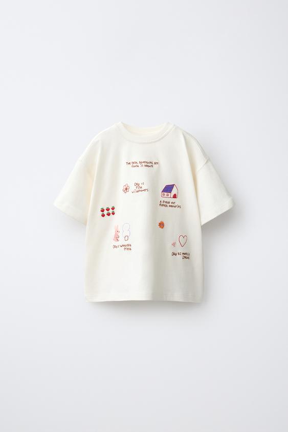 Zara EMBROIDERED DETAIL T-SHIRT - Ecru - Image 0