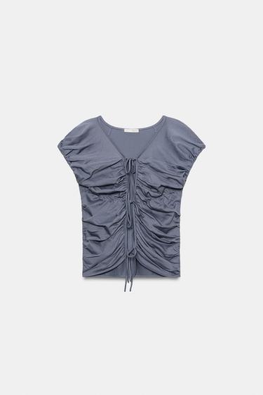 GATHERED TOP WITH TIES - Blue / Grey by Zara - Image 3