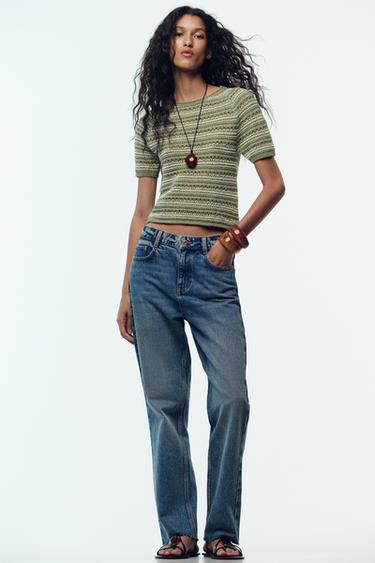 STRIPED TEXTURED KNIT SHORT SLEEVE TOP - Green / Ecru by Zara - Image 0
