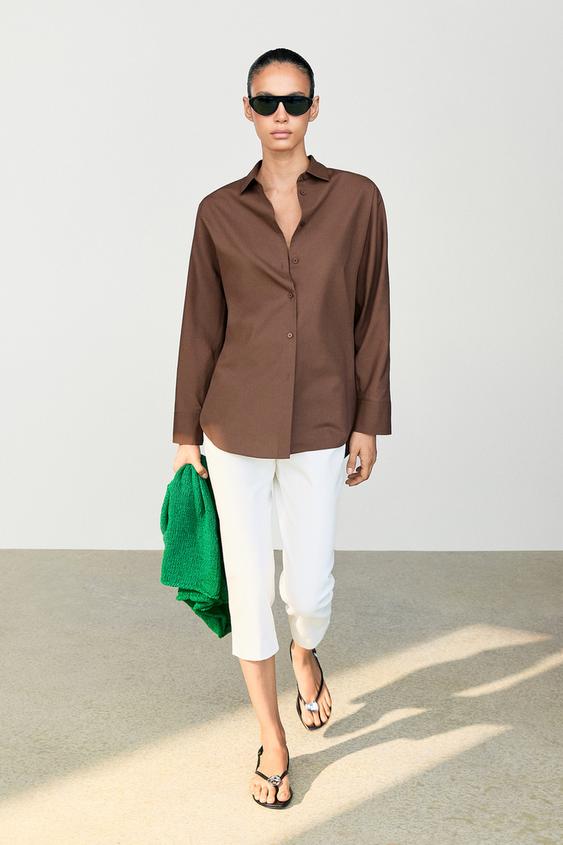 Camisa popelín con algodón - Marrón vigoré de Zara - Imagen 0