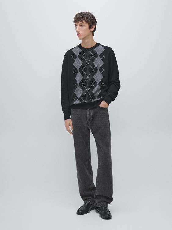 Wool argyle knit sweater
