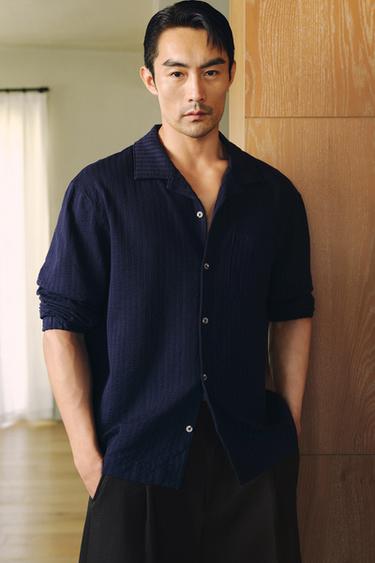 Zara 舒適泡泡紗襯衫式外套 - 海藍色