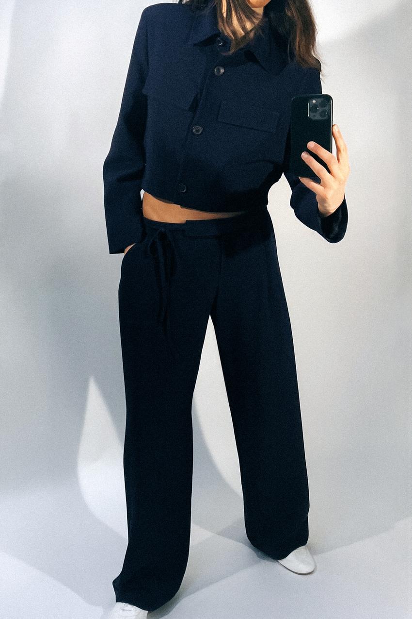 WIDE-LEG TROUSERS WITH DRAWSTRING WAISTBAND - Navy blue