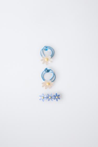 PACK OF SHEEPSKIN SLIDE AND TWO DAISY HAIR TIES - Light blue by Zara