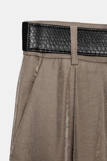 WIDE SATIN TROUSERS WITH BELT - Brown / Taupe by Zara
