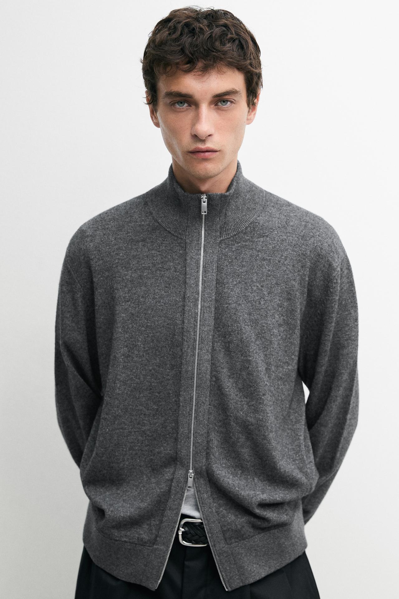 Wool blend cardigan with zip detail — Gray / Beige