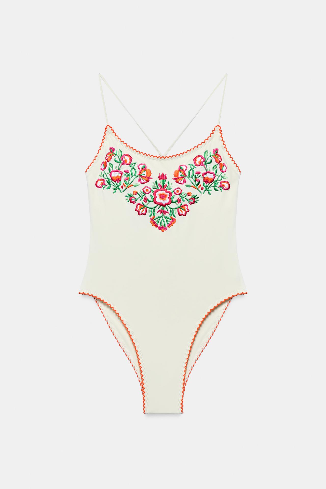 EMBROIDERED FLORAL SWIMSUIT — Ecru