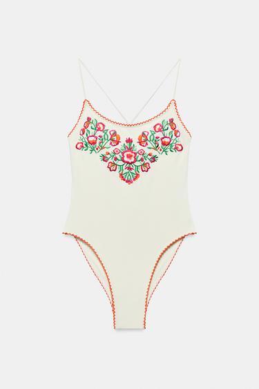КУПАЛЬНИК С ВЫШИВКОЙ В ВИДЕ ЦВЕТОВ — ЭКРЮ от Zara