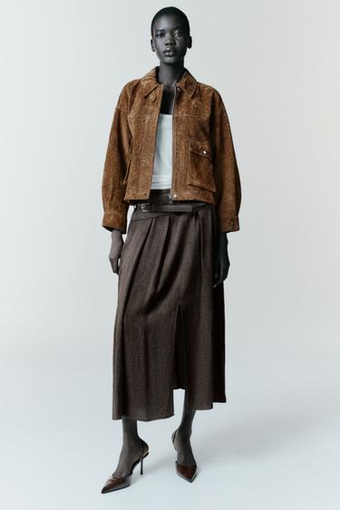 FALDA MIDI CINTURÓN - Marrón de Zara