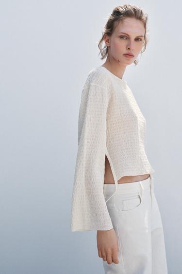 Zara TEXTURED TIE TOP - Oyster-white