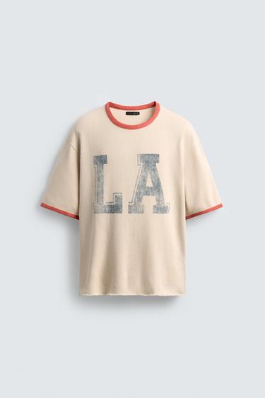 Zara WASHED PRINT KNIT T-SHIRT - Dark beige