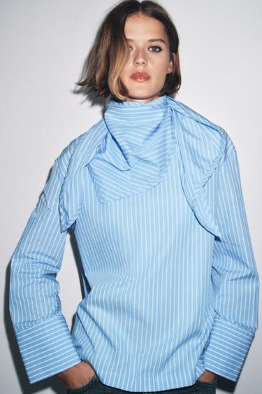 CHEMISE RAYURES FOULARD MULTIPOSITION ZW COLLECTION - Blanc / Bleu ciel de Zara