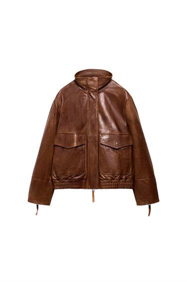Zara 100% LEATHER BOMBER JACKET ZW COLLECTION LIMITED EDITION - Brown