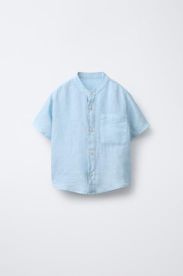 LINEN STAND COLLAR SHIRT - Blue by Zara