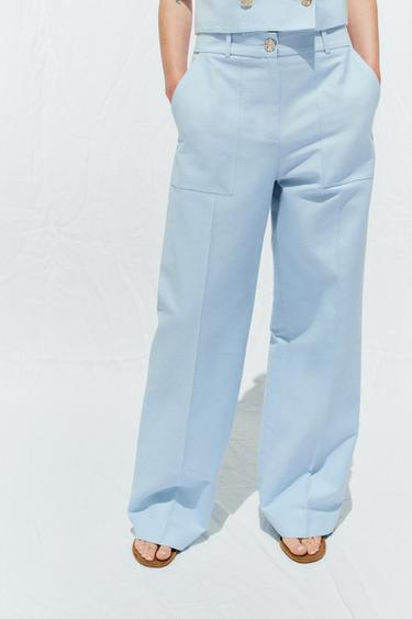 PANTALON DROIT BOUTON MÉTALLIQUE - Bleu ciel de Zara - Image 1