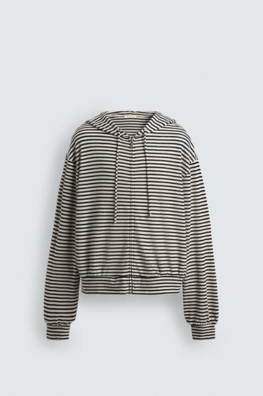 Zara STRIPED JACQUARD ZIP HOODIE - Black / White