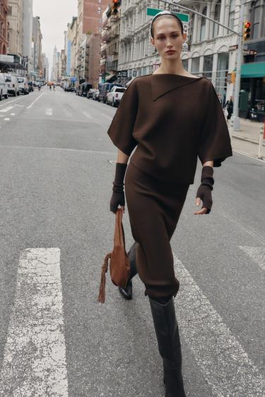 Zara KNIT MIDI SKIRT - Brown