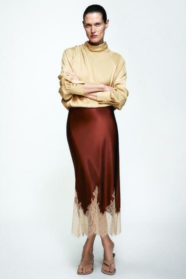 ZW COLLECTION CONTRAST LACE SATIN SKIRT - Burgundy by Zara