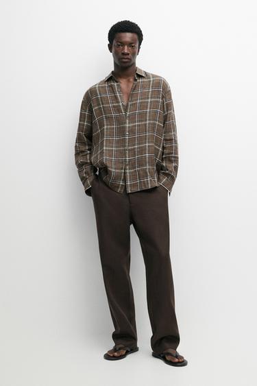 Zara 100% linen regular fit check shirt - Green - Image 0