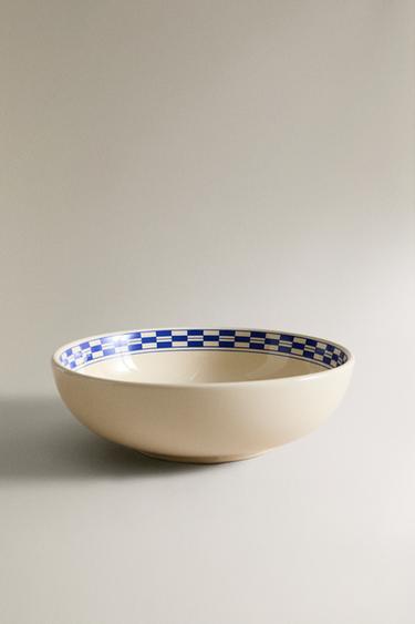 CERAMIC BOWL WITH CHECKED BORDER - Ecru by Zara