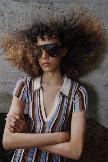 ROBE À RAYURES COL POLO - Marron-Bleu de Zara - Image 5