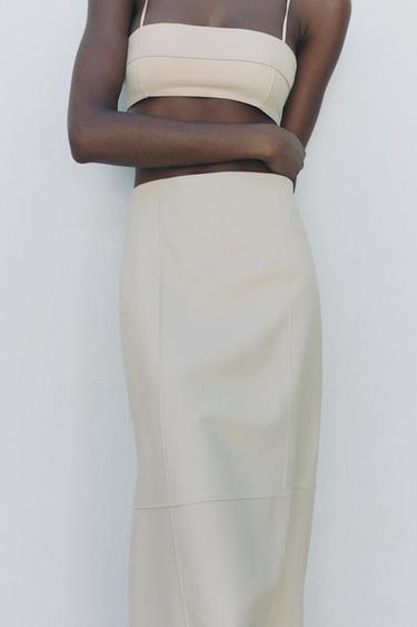 Zara 100% LEATHER MIDI SKIRT - Oyster-white