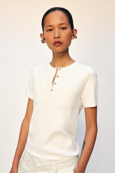 KNIT BUTTON-UP TOP - White by Zara