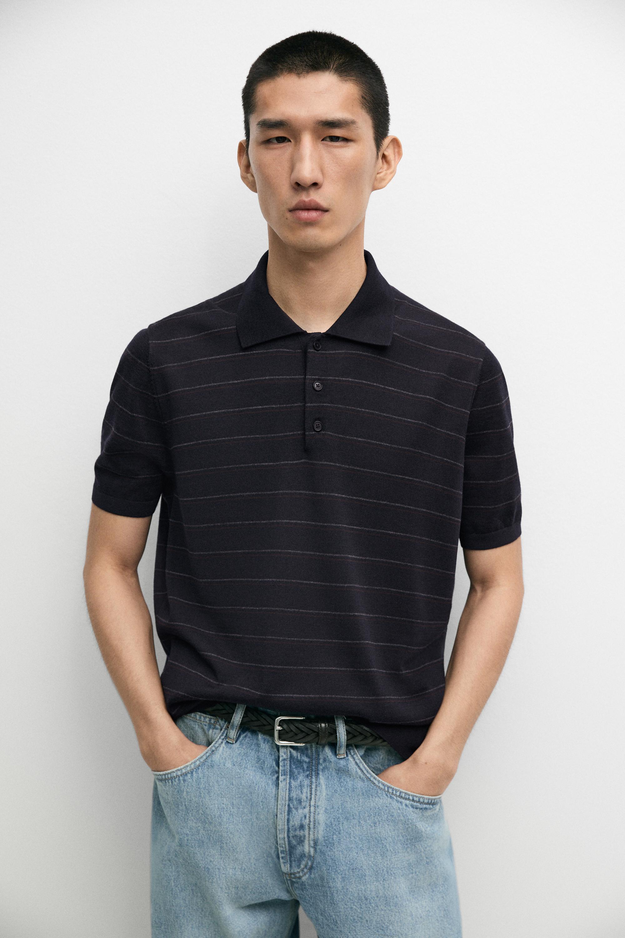 Striped short sleeve knit polo sweater — Navy blue