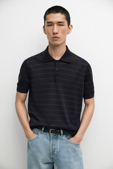 Zara Striped short sleeve knit polo sweater - Navy blue