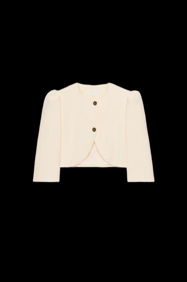 Zara PUFF SLEEVE CROPPED BLAZER - Oyster-white
