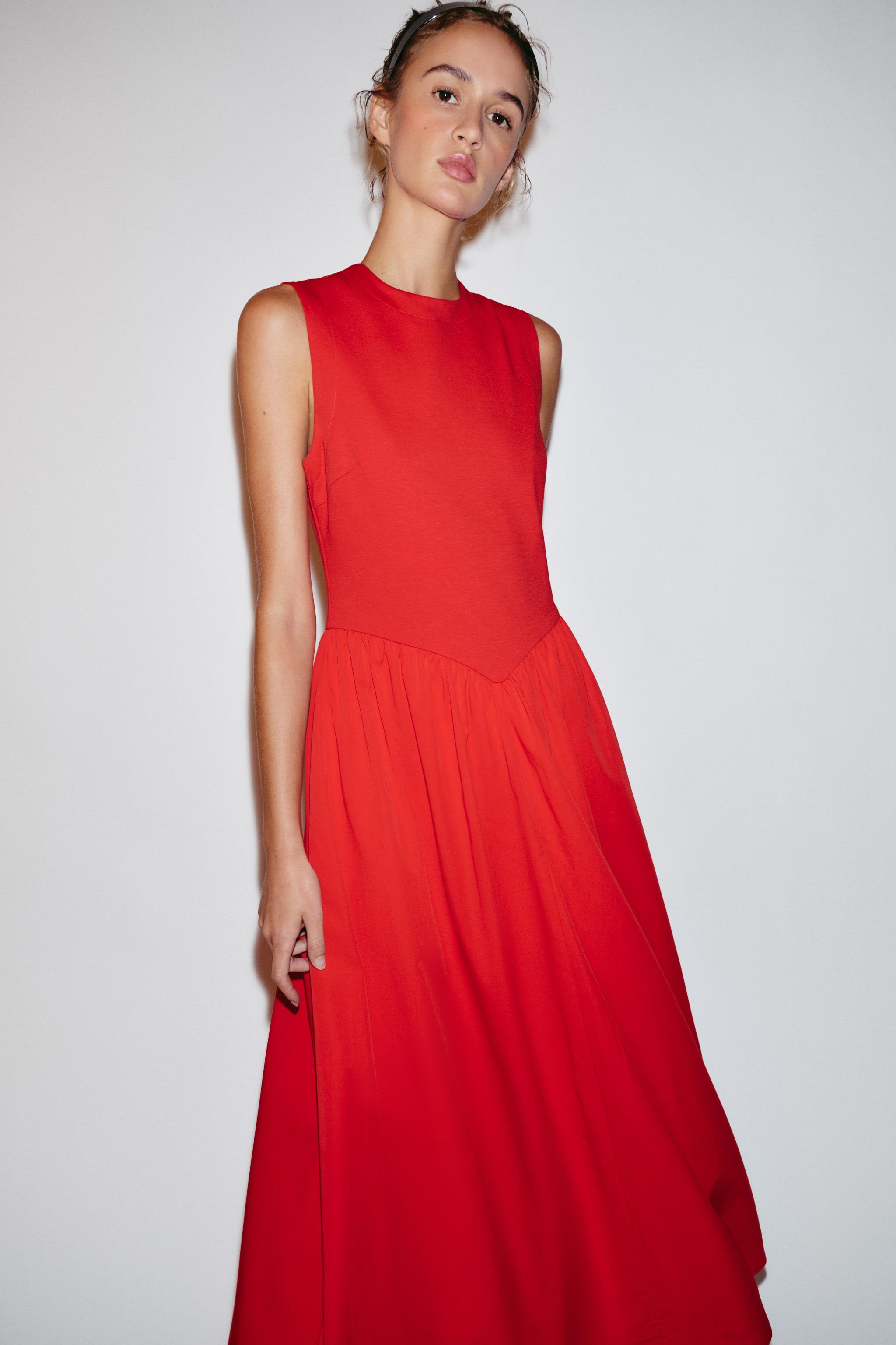 COMBINATION MIDI DRESS — Red
