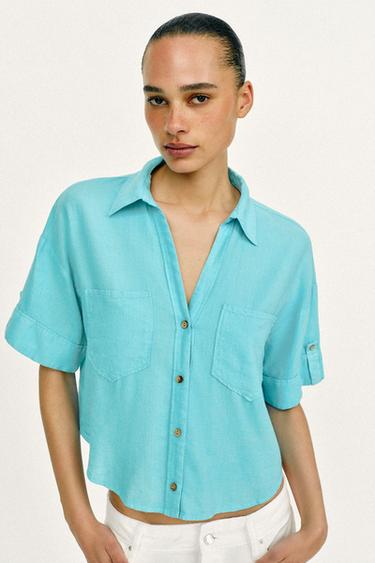 ÁO SƠ MI VẢI LINEN DÁNG NGẮN - Màu ngọc lam từ Zara