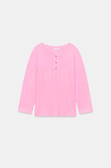 Zara 螢光鈕扣 T 恤 - 熒光粉紅色