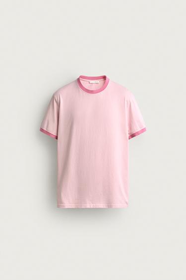 Zara CONTRAST RIB REGULAR FIT T-SHIRT - Light pink