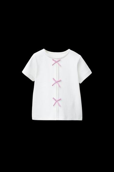 RIBBED T-SHIRT WITH BOWS - White by Zara - Image 0