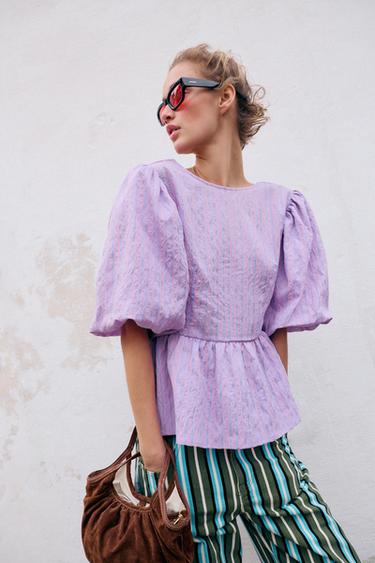 STRIPED BLOUSE WITH PUFF SLEEVES AND BOW - Pink / Lilac by Zara