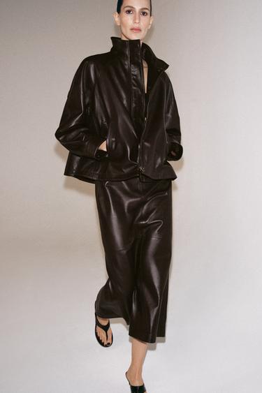 Zara ZW COLLECTION 100% LEATHER MIDI SKIRT - Brown