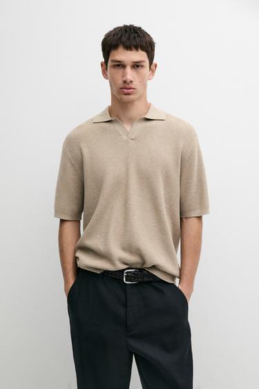 Zara Cotton blend knit V-neck polo shirt - Beige / Green