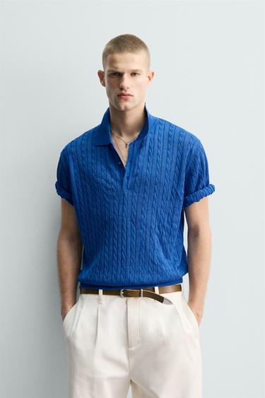 Zara BRAIDED TEXTURED KNIT POLO - Blue
