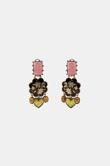 STONE, FLOWER AND HEART EARRINGS - Aged gold by Zara