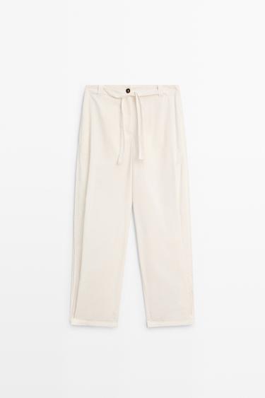 Zara Cotton blend pants with tie detail - White - Image 0