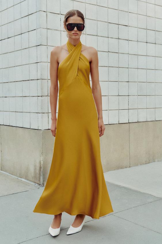 SATIN HALTER MIDI DRESS - Mustard by Zara - Image 0