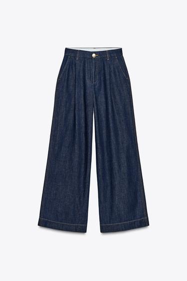 WIDE-LEG DENIM-EFFECT TROUSERS - Dark indigo by Zara