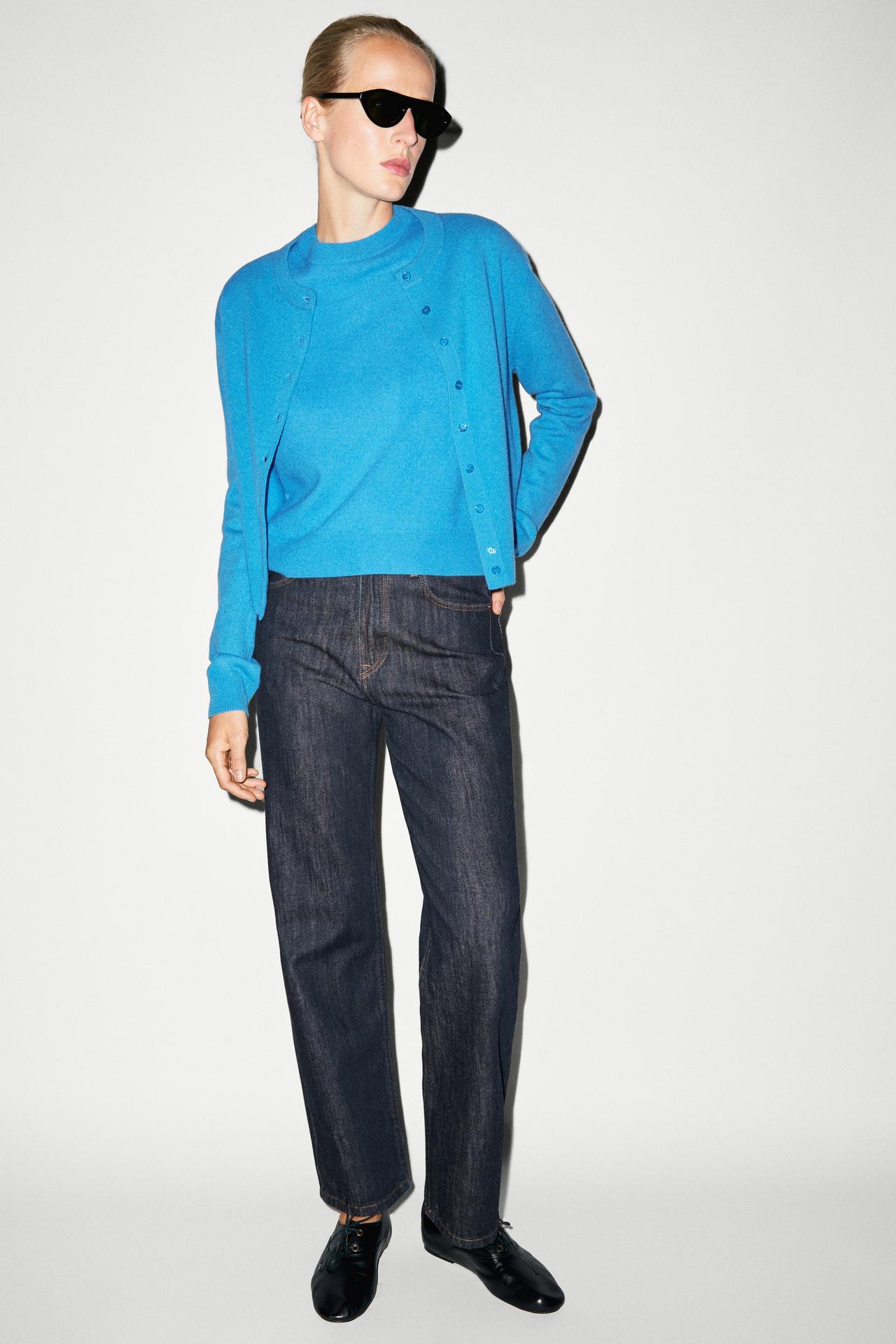 Short sleeve wool blend knit sweater — Turquoise