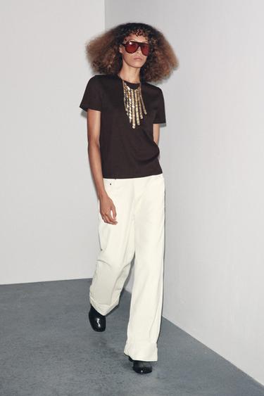 Zara MAJICA OD MERCERIZIRANOG PAMUKA – Smeđa